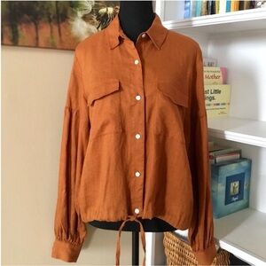 En Thread Pockets Button Tie bottom Balloon Sleeve Blouse